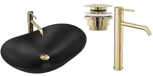 GTM Design Aufsatzwaschbecken Set mit Waschtischbatterie und Stopfen - Aufsatzwaschbecken Oval für Badezimmer - Modern Waschbecken ohne Hahnloch - Waschbecken mit Armature - Modell 2