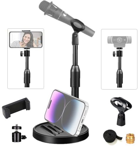 Tentucro [3-in-1] Desktop Microphone Stand Webcam Mount Phone Holder, Adjustable Table Mic Stand Tablet Phone Stand with Mic Clip, Phone Holder, 3/8 to 5/8 Metal Adapter, Tripod Head