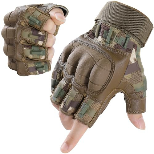 WTACTFUL Fingerlose Motorradhandschuhe Herren Sommer, atmungsaktiv Motorrad Handschuhe Herr Touchscreen mit Protektoren für Taktische Fahrrad einsatzhandschuhe Airsoft Paintball Tarnung L