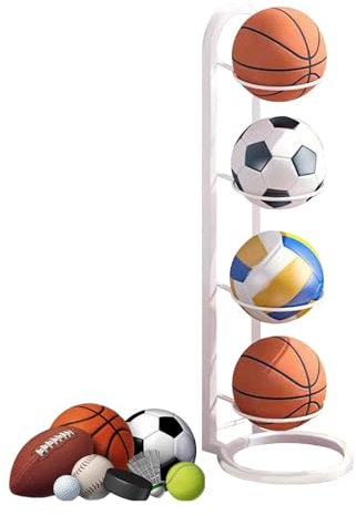 Vertikales Ball-Aufbewahrungsregal, mehrlagig, Ball-Organizer für Basketball, Fußball, Volleyball, Lagerregal, mehrschichtiger Ball-Organizer, Ballständer, vertikale Ballaufbewahrung (Weiß, 4 Ebenen)