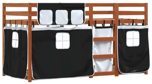 vidaXL Etagenbett, Kinderbett mit Vorhängen Leiter, Hochbett Spielbett für Kinder ab 6 Jahren, Doppel Stockbett Bett, Weiß Schwarz 80x200cm Massivholz Kiefer