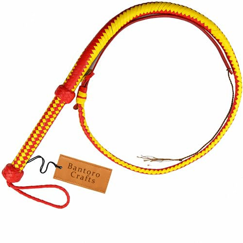 Bantoro Crafts Fouet en Cuir véritable Jaune et Rouge - 12 Tresses - Longueur : 1,2 m - pour l'équitation - pour Le Travail du bétail, Le Cirque