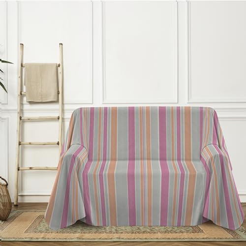 PENSIERI DELICATI Telo Copridivano 180 x 290 cm Made in Italy, Telo Copritutto 100% Cotone Puro Riciclato Tinto in Filo con Riga Alternata Rodry Fucsia e Arancio, Ideale Come Telo Arredo, Salva Divano