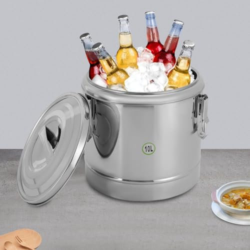 10L Edelstahl Eisbehälter, Isolierter Eisbehälter mit luftdichtem Deckel, Thermo-Transportbehälter,Essen Thermobox, Große Isolierter Warmer Suppentopf für Picknicks und Partys