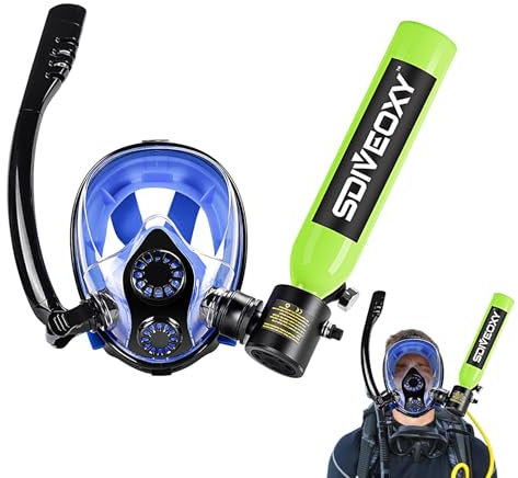 Evember Tanque de buceo con máscaras de esnórquel, máscaras de esnórquel sin empañamiento, tiempo de uso de 6 a 10 minutos, 3000 psi de presión máxima, tanque de buceo portátil de 0.5 L de capacidad,