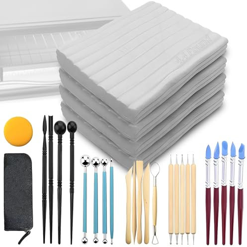 ReArt Oven Bake Polymer Clay White, Non Toxic 4.4Lbs with Pottery Tools & Paint Brushes Great for Modeling, Sculpting, Holiday, DIY Jewelry Making Projects. Great for All Skill Levels (White & Tools)