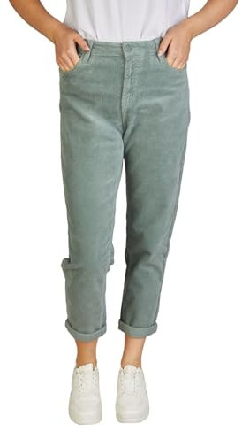 DENIMFY Cordhose Damen Mom Fit High Waist Gerades Bein Stretch DFLisa Cord Hose Pants Reißverschluss Taschen Einfarbig Blau M, Größe:M, Farben:Mineral Green