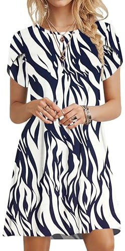 PLOKNRD Summer Dresses for Women UK Elegant Petal Short Sleeve T-Shirt Dress Crew Neck Casual Loose Swing Holiday Beach Dress with Pockets(Leaf Navy White,L)
