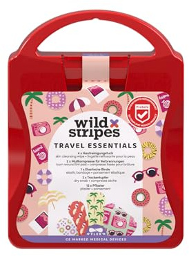 Wild Stripes Kit Premiers Secours Voyage – Mini Trousse avec Pansements, Bandage, Compresse et Lingettes Désinfectantes – Kit d'Urgence Hypoallergénique Résistant à l'Eau – First Aid Kit 21 Pièces