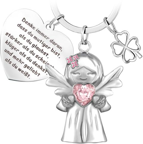 YnewL Schutzengel Glücksbringer Schlüsselanhänger mit Edelsteinen und Fliederblumen, Motivationsgeschenke, Schlüsselanhänger Mutmacher, Kleine Geschenke für Familie, Freunde, Kollegen, usw.(Rosa)