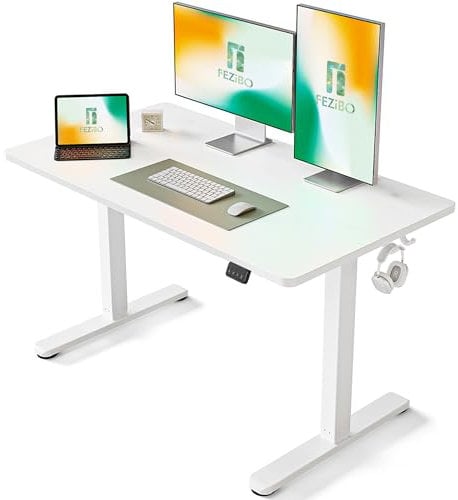 FEZIBO Height Adjustable Electric Standing Desk, 120 * 60 cm Stand up Table, Sit Stand Home Office Desk with Splice Board, White Frame/White Top