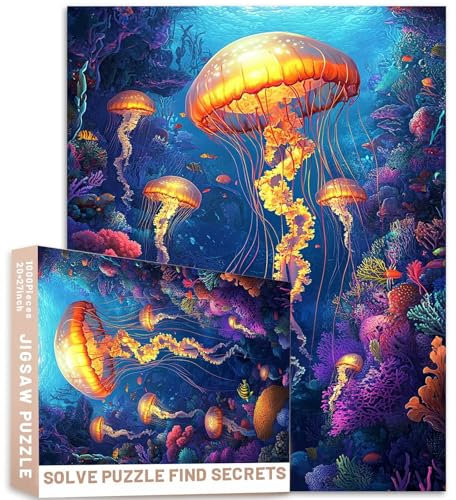 Quallen, 1000 Teile, 50 x 70 cm, komplexe Meereslebewesen, Illustration, Liebhaber, bunte DIY-Puzzles für Heimdekoration, Geschenke, Familienpuzzle, perfekt für Spielabende