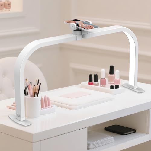 GraceGlow Half Moon Lamp for Nail Desk, 29 Inch LED Nail Table Lamp for Nail Tech with Phone Holder, Foldable Estheticians Manicure Lamp for Tattoo, Eyelash Extension, Beauty Salon (White)