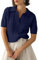 LACOZY Short Sleeve Sweater for Women Lapel V Neck Shirts for Women Spring Summer Polo Casual Blouses Blue