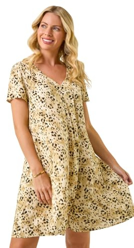 Roman Petite Print V-Neck Swing Pocket Dress for Women UK - Ladies Everyday Holiday Spring Summer V-Neckline Comfy Soft Evening Vacation Work Party - Petite Stone - Size 16