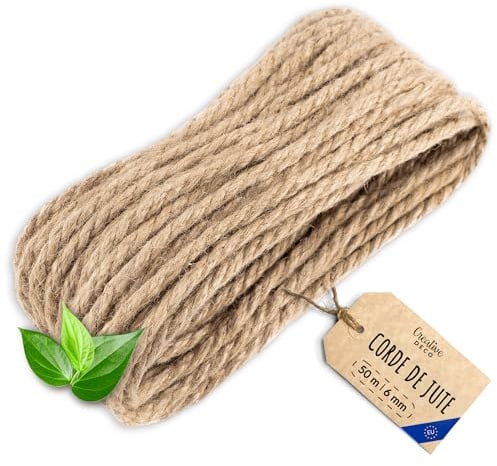 Creative Deco 50m Corde de Jute Epaisseur 6mm | Personnalisation | Possible Tous les 5m | Corde Solide et Durable | Torsadé en Fibres Naturelles | Bricolage, Balustrade, Jardin et Maison