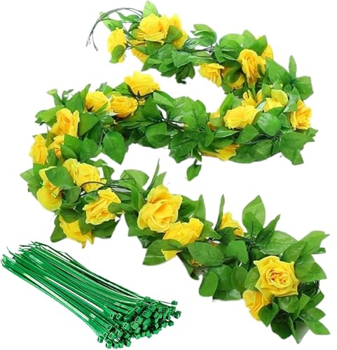 ZenyTra Lot de 3 guirlandes de roses artificielles jaunes avec 20 ficelles, 230 cm, guirlande de roses artificielles avec 42 fleurs, pour mariage, jardin, balcon, décoration murale, décoration de