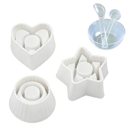 Silikonform Kerzenhalter, 3 Stück Silikon Gießform Kerzenhalter mit Einem Mischset, Gestreifte Gießformen Rund Pentagramm Herzen, Gips Kerzen Gießen Formen, DIY Kerzenständer Hausdekorationen
