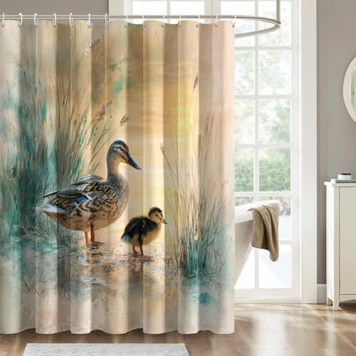Generisch Duschvorhang Ente Motiv, Rustic Jagd Duschvorhang 100x180 cm Badewanne Badezimmer Deko, Anti Schimmel Waschbar Wasserdicht Textil Shower Curtain, 12 Haken (BX359)