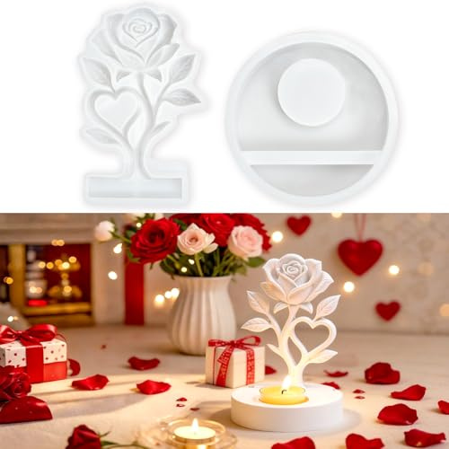 2 Stück Silikonformen Gießformen Frühling 3D Rose Blumen Silikon Kerzen | Silikon Formen zum Gießen Kerzenhalter für Deko Silikonform mit Sockel