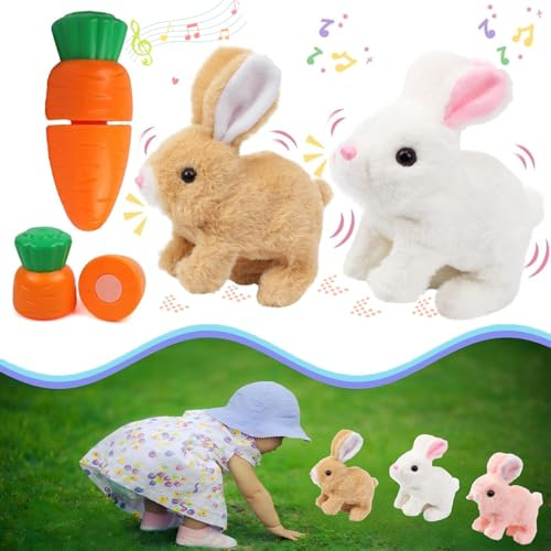 Zloeoa Bunny Stuffed Animal Plush, Interactive Electronic Pet Hopping Bunny Toy, Realistic Stuffed Easter Bunny Rabbit with Sounds and Movements Animated Walking Wiggle Ears Twitch Nose (Brown&White)