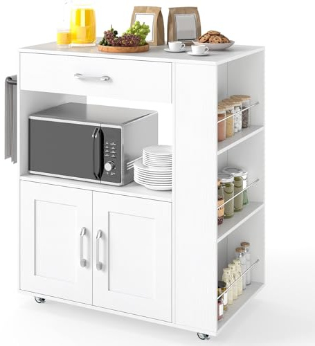 COSTWAY Desserte de Cuisine sur roulettes (2 Verrouillables), îlot de Cuisine avec 3 Support à Épices, Chariot de Service Armoire 1 Tiroir Étagère Ouverte, 46 x 75 x 90,5 cm (Blanc Pur)