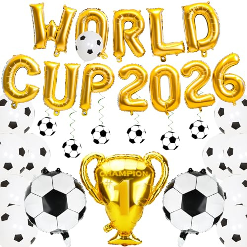 Abitoncc 2026 World Football Cup Game Party Decorations, Hanging Swirls, Gold Championship Shape Balloon, For Bar, Office, Home Party Celebration World 2026 Football Cup Decorations