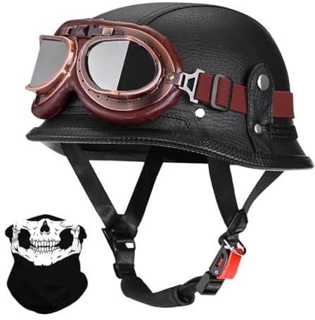 URYWTXY Deutscher Leder Motorrad Halbhelm mit Schutzbrille, DOT/ECE-Zertifizierung Retro Offenem Jethelm, Vintage Helm für Bike Cruiser Chopper Moped Scooter ATV Männer und Frauen Helm