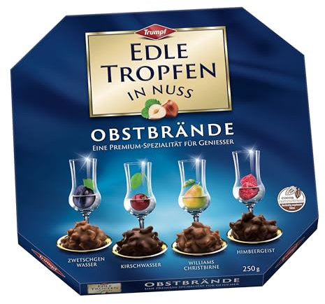 Edle Tropfen in Nuss Obstbrände 250g, flüssig gefüllte Schokoladenpralinen mit Milchschokoladen-Überzug und knackigen Haselnuss-Splittern