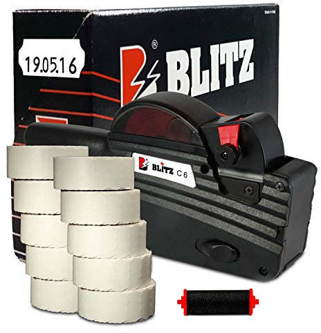 Preisauszeichner Set Blitz C6 inkl. 10 Rollen 26x12 Preisetiketten - weiss Tiefkühl + 1 Farbrolle | Preisauszeichnungsgerät | HUTNER