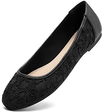 Greatonu Ballerine Donna Ballerine in Pizzo Scarpe Basse Comoda Ballerina Rotonda Slip-on in Pizzo-Nero con fodera-39