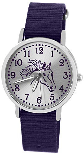 Pacific Time Mädchen Uhr Pferde analog Quarz mit Textil Wechselarmband violett 10302