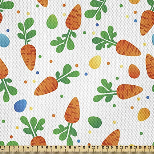 ABAKUHAUS Ostern Stoff als Meterware, Orange Karotten Eier Punkte, Seidiger Satin Stoff für Polster Heimtextilien, 1M (148x100cm), Orange Grün