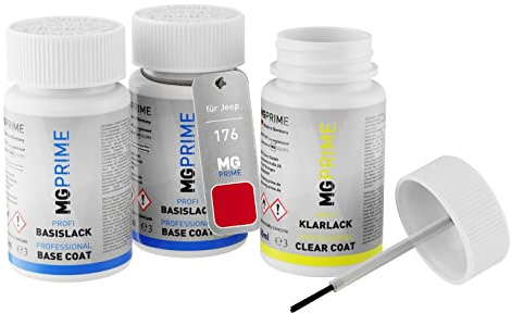 MG PRIME Autolack Lackstifte für Jeep 176 Colorado Red/Rouge Colorado +1K | Set aus Grundlack + Basislack + Klarlack, Lackfläschchen mit Pinsel, je 50ml