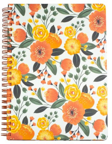 Steel Mill & Co Cute Mini Spiral Notebook, 8.25 x 6.25 Journal with Durable Hardcover and 160 Lined Pages, Orange Floral