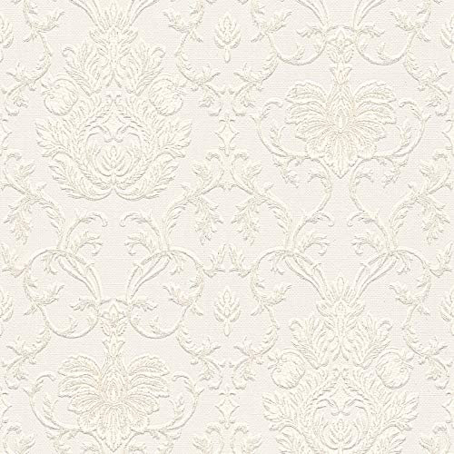Elegante Tapete weiß mit Glitzer | Edle Papiertapete mit Vinyl ideal für Schlafzimmer und Esszimmer | Barock Wandtapete mit Muster und Glitzereffekt