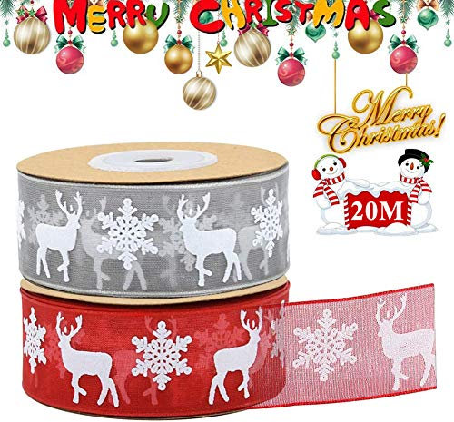 Organzaband Geschenkband Weihnachten, 2 Roll Weihnachten Satinband Schleifenband Geschenkbänder mit Schneeflocke Elch, 20M Weihnachtsbänder Dekoband zum Geschenk/Basteln/Weihnachtsbaum(Rot,Grau,25mm)