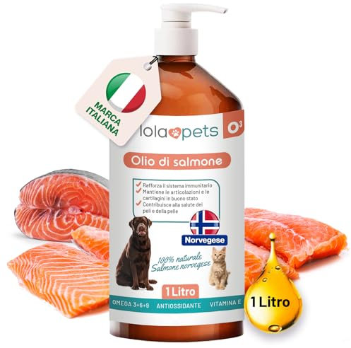 Olio di salmone per cani e gatti 1 LITRO - Da Norvegia 100% naturale, spremuto a freddo - Omega 3+6+9 e vitamina E, Antiossidante | Con pratico erogatore (Marrone)