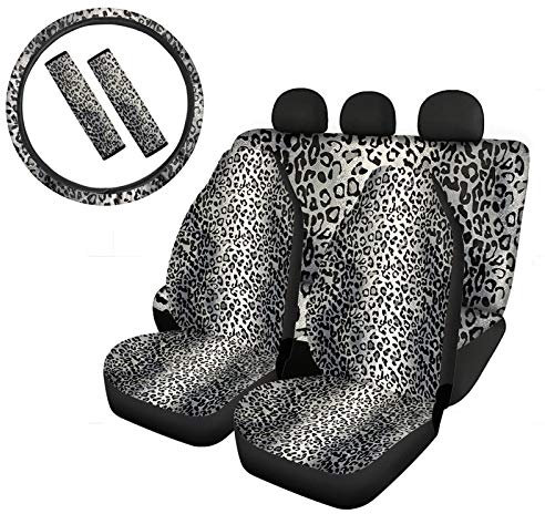 Biyejit Grauer Leoparden-Druck Autositzbezüge Komplett-Set für Frauen Rücksitz Bezug Decke mit Universal-Lenkradbezug & Sicherheitsgurtbezug für Auto SUV Limousine