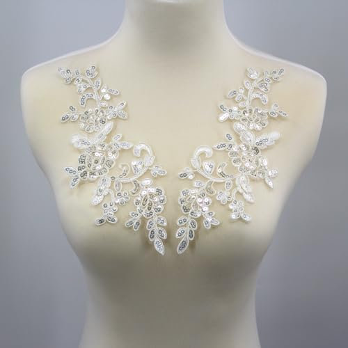 SUNMOVE 1 Paar Stickerei Pailletten Spitze Applikation Nähen Blume Stoff Kragen Patch Motiv Hochzeitskleid Kleid Braut DIY Handwerk (weiß)