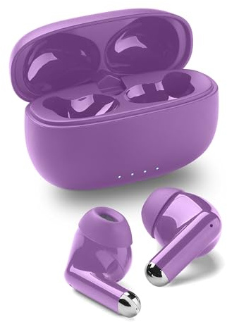 Music Sound Drift Auriculares intrauditivos Bluetooth inalámbricos con Estuche Compacto y Colorido, emparejamiento automático, Controles táctiles, hasta 22 Horas de reproducción, Morado