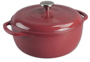 Lodge 6 Quart Enameled Cast Iron Dutch Oven with Lid – Dual Handles – Oven Safe up to 500° F or on Stovetop - Use to Marinate, Cook, Bake, Refrigerate and Serve – Cranberry