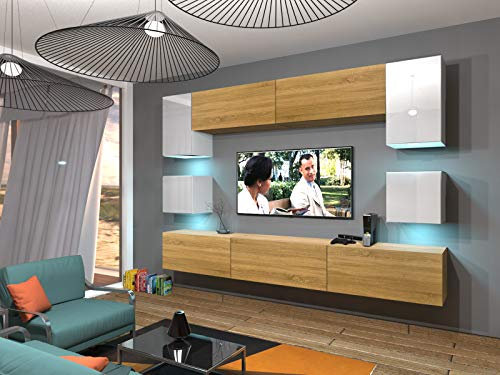 Furnitech Wohnwand Wohnzimmer | Wohnzimmer Möbel mit LED Weiß | Hängend Wohnwand Modern | Wohnzimmer Schrankwand mit Regale und TV Schrank (Nowara AN1-17WD-HGM47 1A)