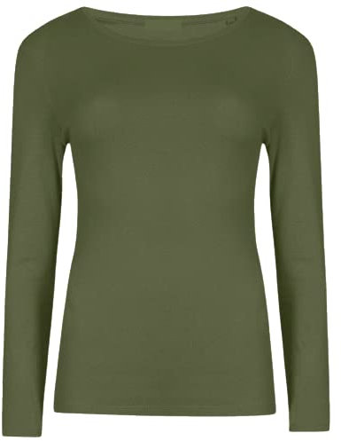 New Ladies Long Sleeve Round Neck Plain Basic Women's Stretch T-Shirt (Khaki, 12)