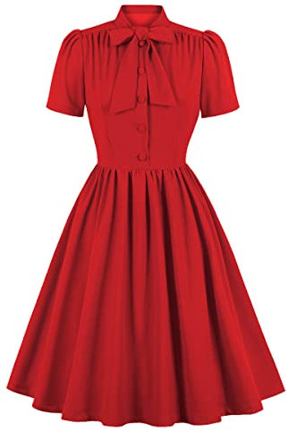 Wellwits Women's Christmas Red Button up Tie Neck 1950s Vintage Party Dress S