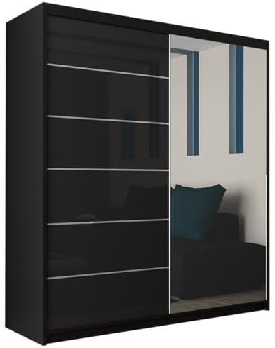 MN Furniture Amsterdem High Gloss and Mirror Sliding Double Door Wardrobe 150cm 180cm (Black, 150cm)