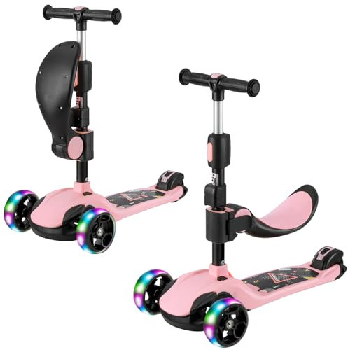 BremToy Trottinette pour Enfants 1-12 Ans, Ajustement Continu, 3 Roues LED élégantes, Trottinette Pliante, Charge Maximale 50 kg, Rose Clair