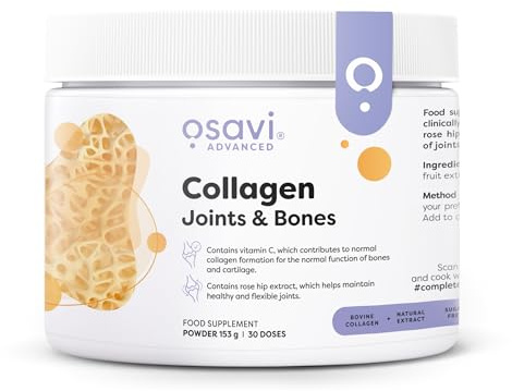 Osavi Collagen Joints & Bones, Pulver mit FORTIBONE Kollagenpeptiden, Hagebuttenextrakt und Vitamin C für Kollagenbildung und Knochen, Geschmacksneutral, Gut löslich, 153g