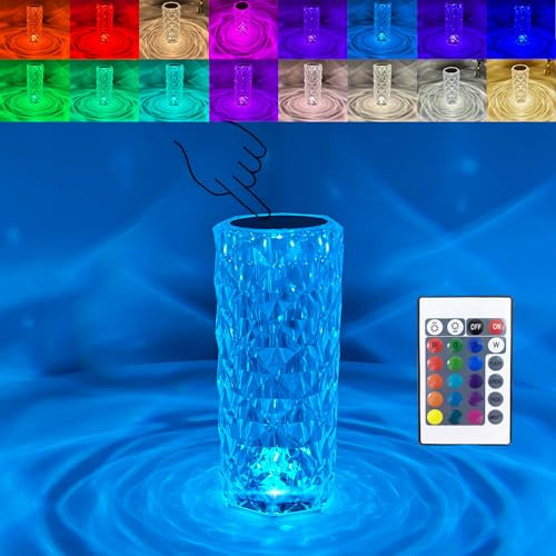 YCBB Crystal Diamond Table Lamp, 16 Colors Changing Touch Control Bedside Lamp with USB Port, Romantic Rose Acrylic LED Night Light Remote for Bedroom, Living Room, Party, Christmas Decor