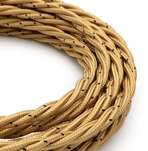 Amarcords - Cavo elettrico tessile colore ORO, trecciato, seta, 5 metri, con messa a terra 3x0,75mm - Filo rivestito in tessuto colorato vintage per lampade lampadari applique e abat jour.